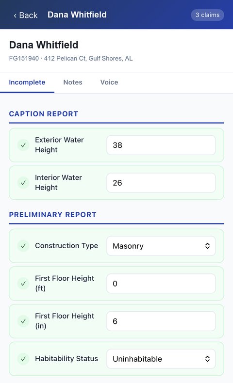 Field App on a phone — caption and preliminary report fields captured on site