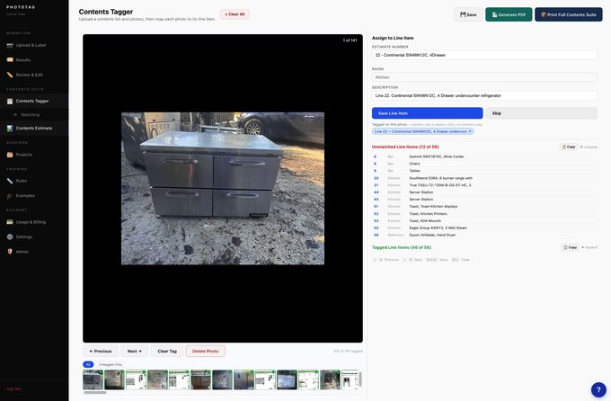 PhotoTag contents tagger — mapping loss photos to estimate line items